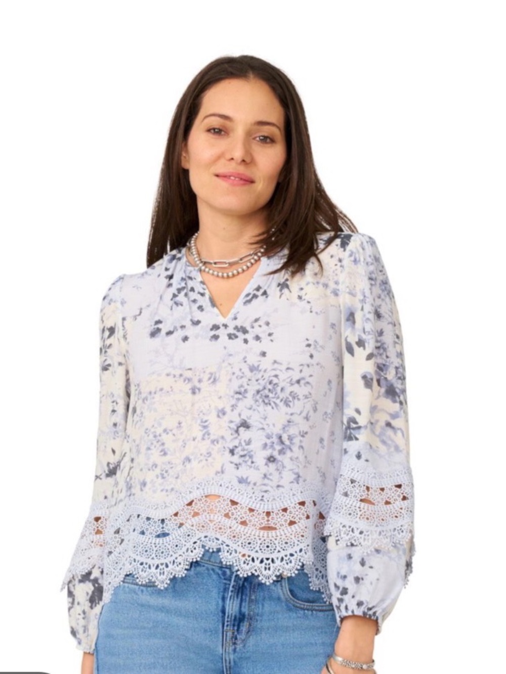Floral Lace-Hem V-Neck Blouse - Light Blue by Crown & Ivy